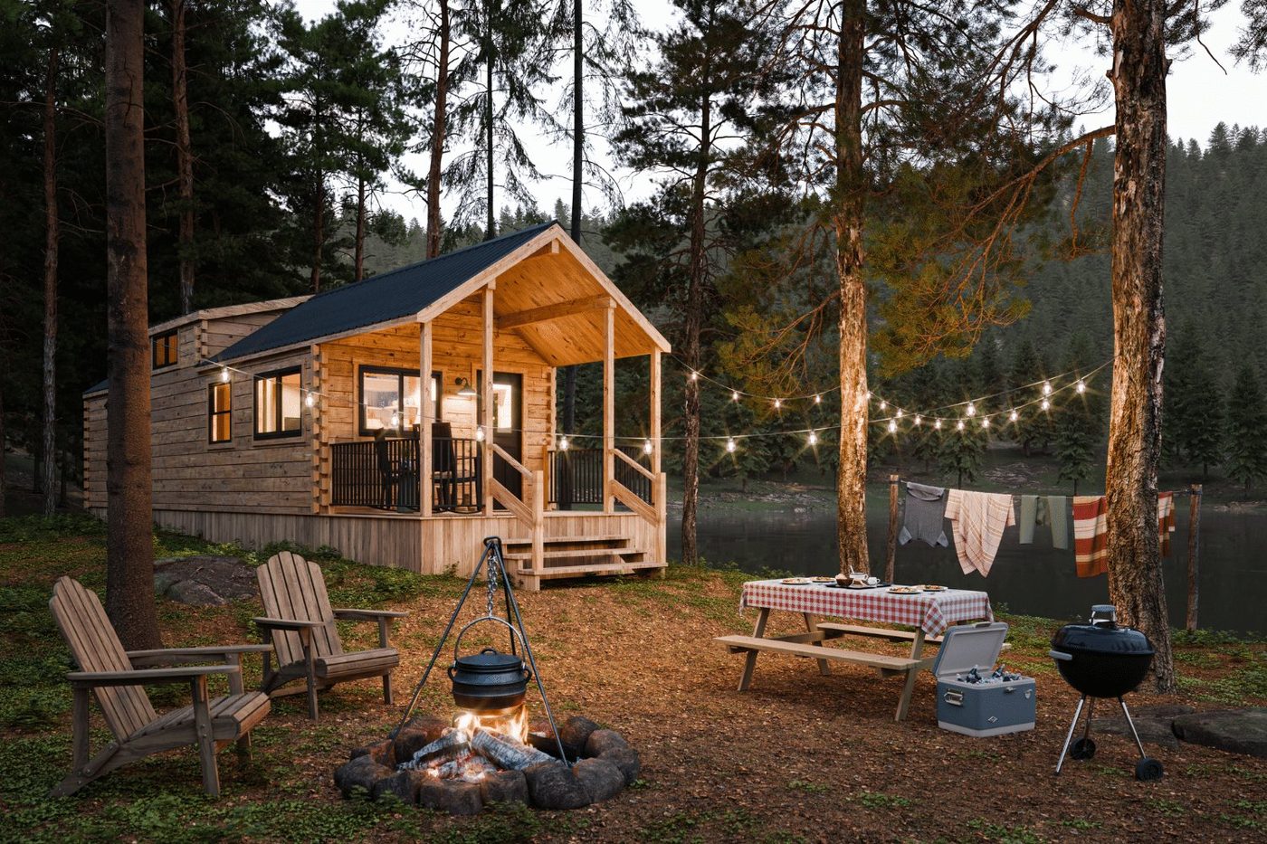 The Aspen log park model tiny home by Zook Cabins with a covered front porch and string lights by a lake at dusk