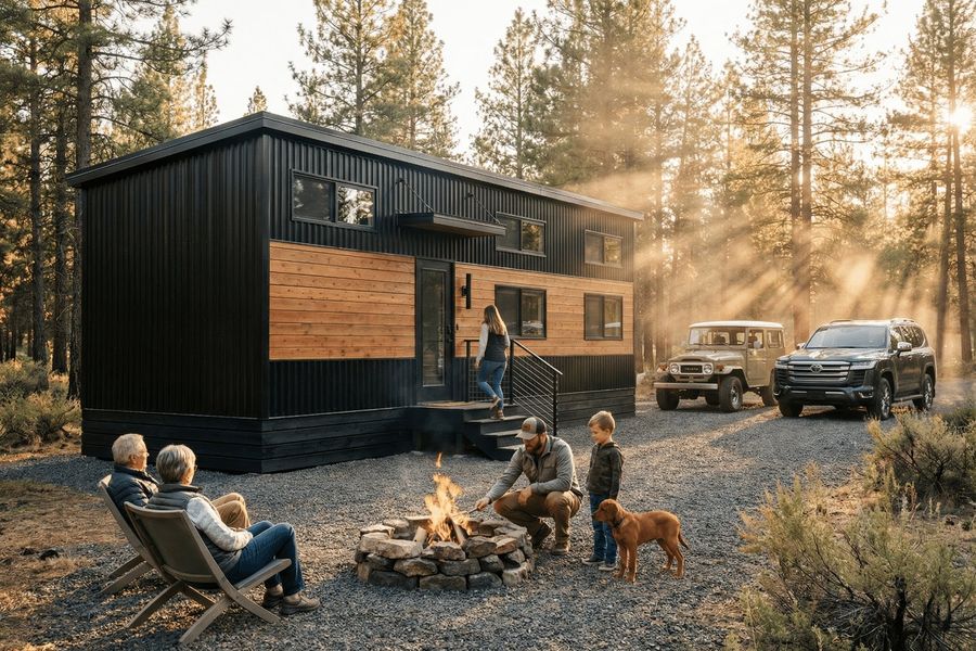 The Cascade park model tiny home by Zook Cabins with a black metal and natural wood exterior
