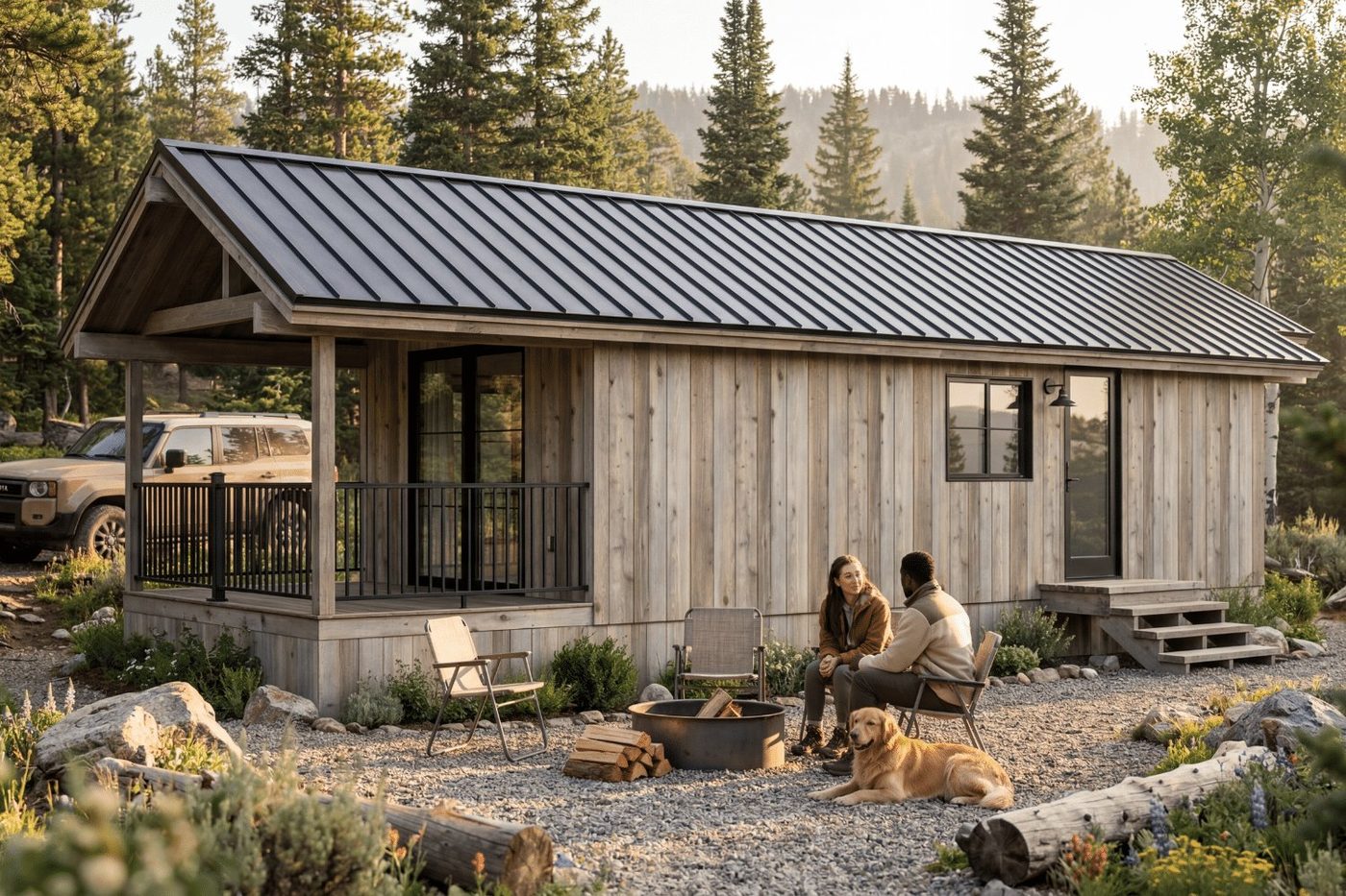The Denali park model tiny home by Zook Cabins with whitewashed vertical wood siding, a black standing-seam metal roof, and a covered porch in a mountain forest