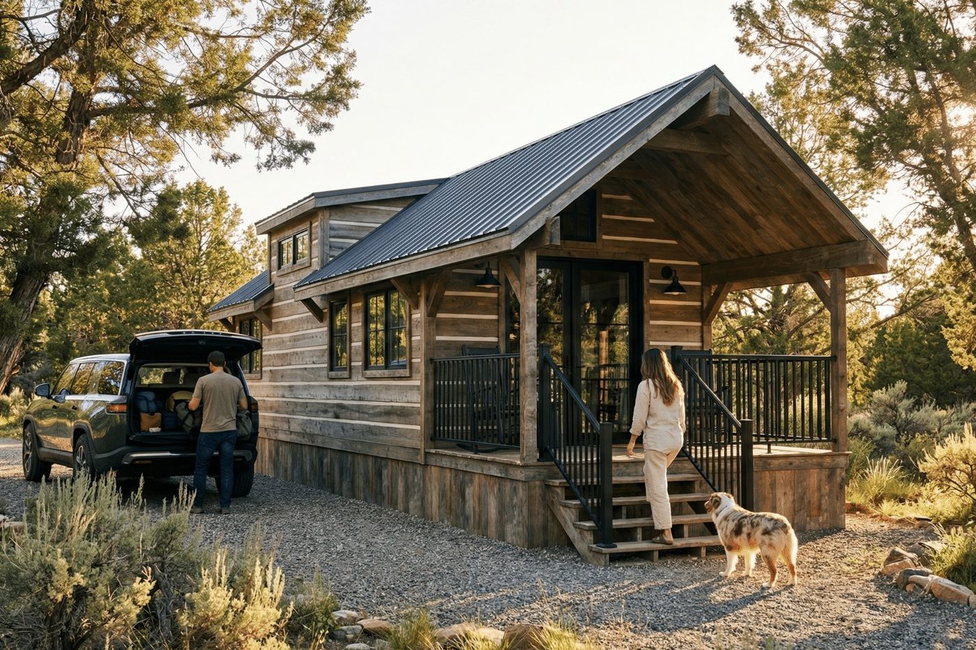 The Outpost park model tiny home by Zook Cabins with reclaimed wood log siding, a dormer, and a covered porch