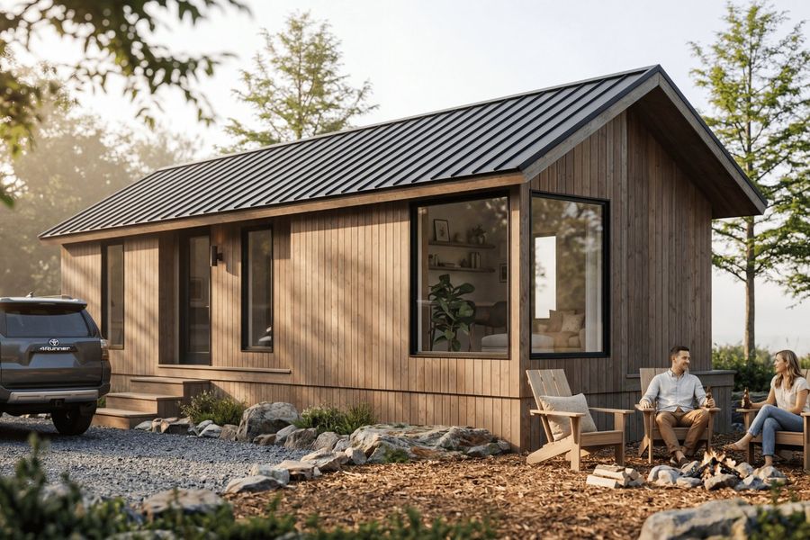 The Skye park model tiny home by Zook Cabins, with a corner window and standing-seam metal roof